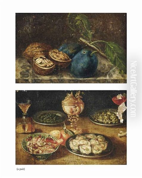 Oysters On A Charger, Figs And Other Fruit In A Porcelain Dish, A Nautilus Cup, A Facon De Venise Glass... Plums And Walnuts On A Marble Ledge (2 Works) Oil Painting by Jan van Kessel the Younger