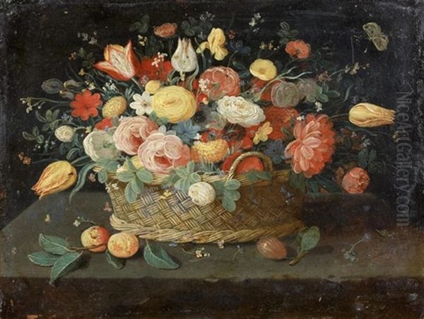 Bouquet De Fleurs Dans Un Panier Pose Oil Painting by Jan van Kessel the Younger