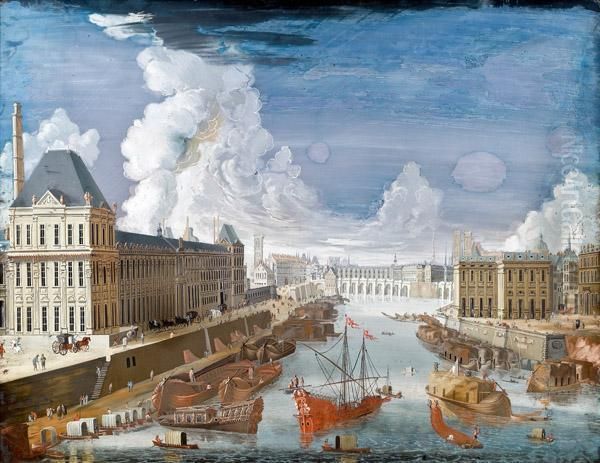 Paris Mit Der Seine - Vedute Mit Hafenbecken Und Schiffen Oil Painting by Johann Wolfgang Baumgartner