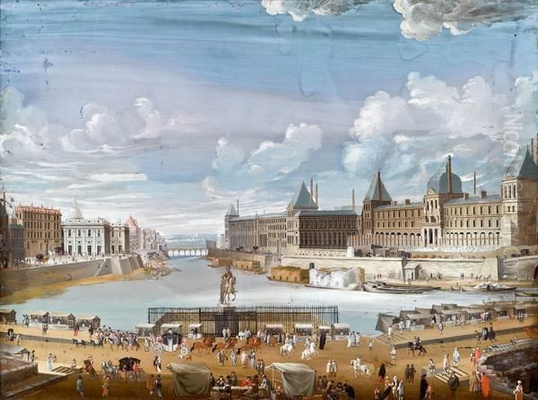 Paris Mit Der Seine - Vedute Mit Hafenbecken Und Reicher Figurenstaffage Oil Painting by Johann Wolfgang Baumgartner