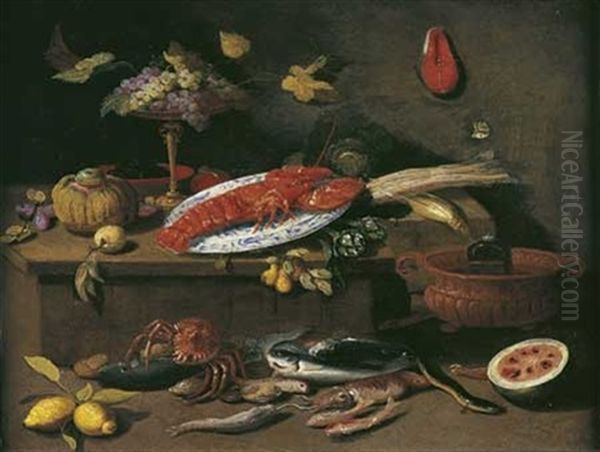 Nature Morte Aux Plat De Homard, Coupe De Raisins Et Poissons Oil Painting by Jan van Kessel the Younger