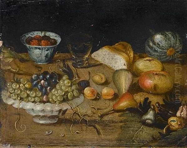 A Bowl Of Grapes With Peaches, Apples, Pears, Bread, Aroemer, And Awanli-kraakbowl With Strawberries On A Ledge Oil Painting by Jan van Kessel the Younger