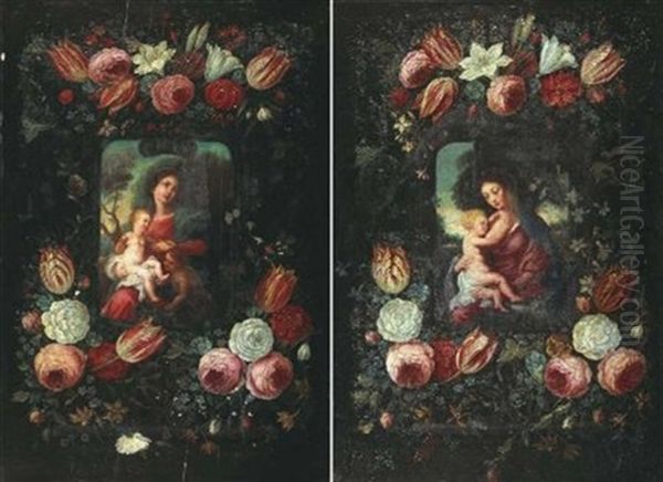 La Vierge A L'enfant Dans Une Guirlande De Fleurs (+ La Vierge A L'enfant Avec Le Petit Saint Jean-baptiste Dans Une Guirlande De Fleurs; Pair) Oil Painting by Jan van Kessel the Younger