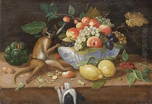 A Monkey Picking Fruit From A Wan-li Kraak Bowl Filled With Grapes, Peaches, Apricots, Two Lemons, A Melon And Nuts On A Table Top With A Dog Looking Up From Below Oil Painting by Jan van Kessel the Younger