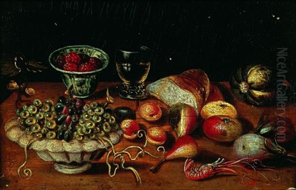 Nature Morte Aux Fruits, Crevette Et Verre De Vin Sur Un Entablement Oil Painting by Jan van Kessel the Younger