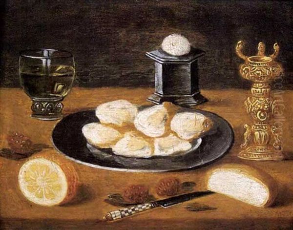 Nature Morte Aux Plat D'huitres, Verre De Vin Et Miche De Pain Sur Un Entablement Oil Painting by Jan van Kessel the Younger