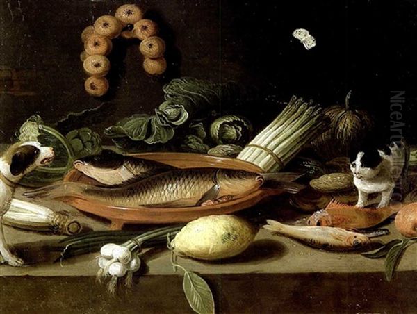 Chien, Chat, Poissons, Citron, Et Legumes Sur Une Tablette De Cuisine Oil Painting by Jan van Kessel the Younger