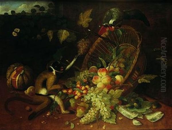 Singe Et Perroquet Bousculant Une Corbeille De Fruits Oil Painting by Jan van Kessel the Younger