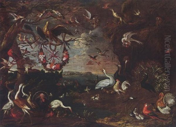 An Allegory Of The Knights Of Malta With An Eagle, Herons, Turkeys, A Cockatoo, And Other Birds In A Landscape Oil Painting by Jan van Kessel the Younger