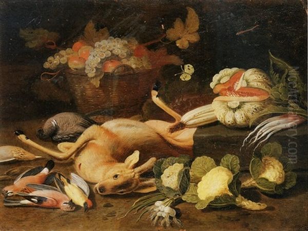 Still Life With A Fawn, A Pigeon, Jays, A Woodpecker, A Thrush, Cabbages, Onions, An Artichoke, A Melon And Other Fruits, And A White Butterfly Oil Painting by Jan van Kessel the Younger