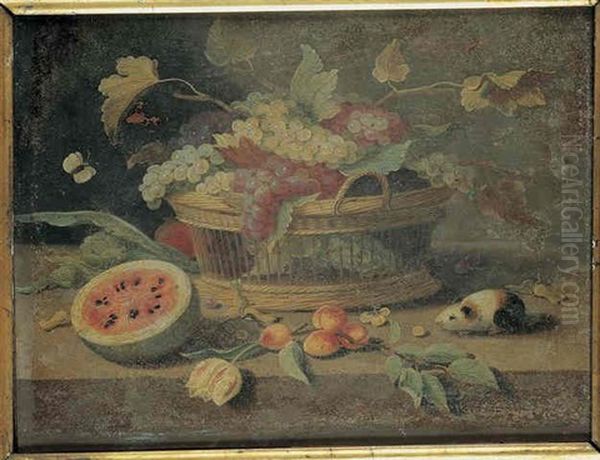 Nature Morte Au Panier De Raisins, Abricots Et Pasteques Sur Un Entablement Oil Painting by Jan van Kessel the Younger