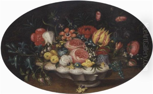 Tulips And Roses In A Vase On A Table Oil Painting by Jan van Kessel the Younger