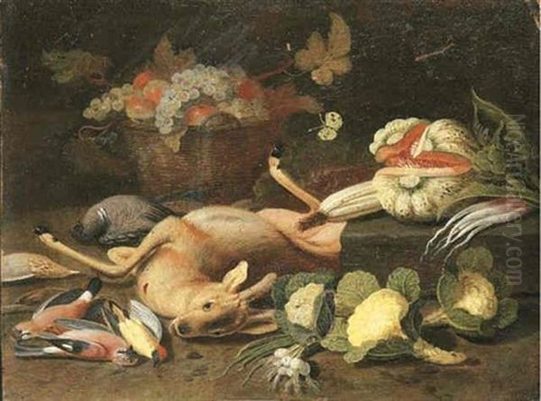 Still Life With A Fawn, A Pigeon, Jays, A Woodpecker, A Thrush, Cabbages, Onions, An Artichoke, A Melon, A Basket With Grapes And Apples, And A Butterfly Oil Painting by Jan van Kessel the Younger