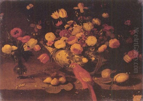 Nature Morte A La Coupe De Fleurs Et Au Perroquet Oil Painting by Jan van Kessel the Younger