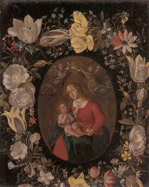 The Virgin And Child Set In A Feigned Cartouche Of Tulips, Roses And Other Flowers Oil Painting by Jan van Kessel the Younger