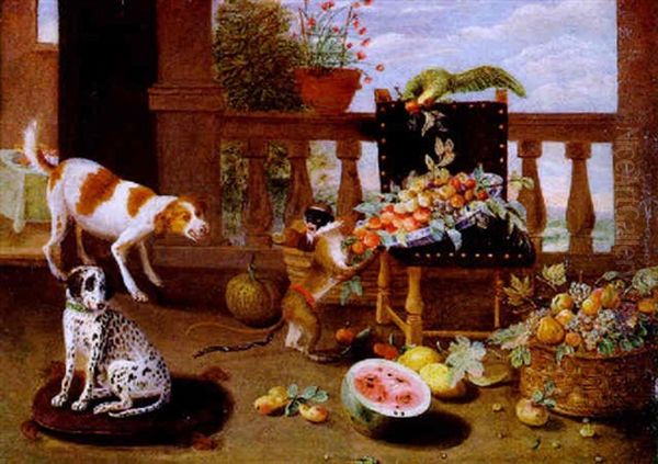 Zwei Hunde, Ein Affchen Und Ein Papagei Mit Fruchten Auf Einer Schlosterasse Oil Painting by Jan van Kessel the Younger