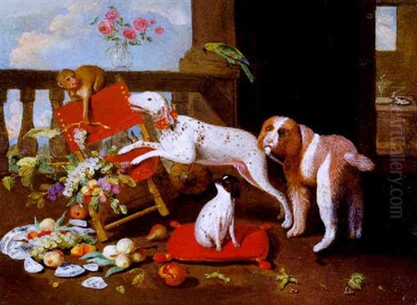 Drei Hunde, Ein Affchen Und Ein Papagei Auf Einer Schlosterasse Oil Painting by Jan van Kessel the Younger