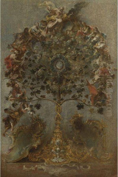 Design For A Monstrance With Grape Vines, God The Father And Otherfigures Oil Painting by Johann Wolfgang Baumgartner