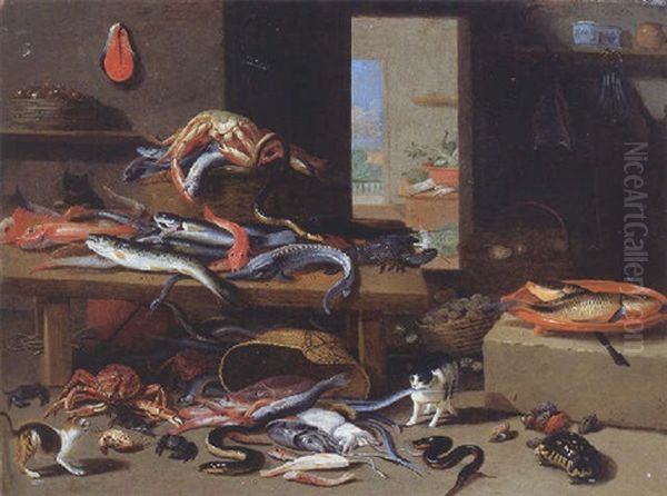 Cats Chasing Eel, Octopus, Crab Falling From An Upturned Basket, With A Crayfish, Sturgeon And Other Fish On A Table Nearby, In A Larder Oil Painting by Jan van Kessel the Younger