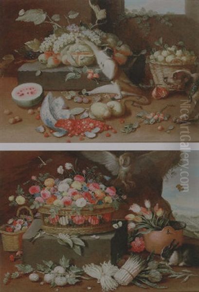 Still Life Of Fruits In A Basket, With A Dog Surprising A Monkey Stealing Grapes Oil Painting by Jan van Kessel the Younger