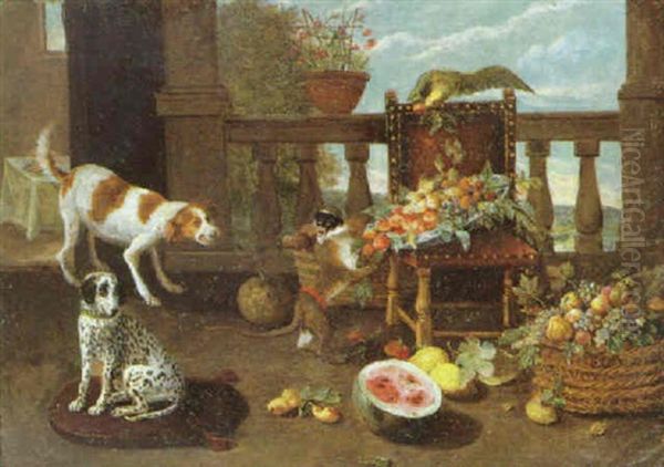 A Dog Surprising A Monkey Overturning A Bowl Of Fruit With Another Dog And A Parrot On A Terrace Oil Painting by Jan van Kessel the Younger