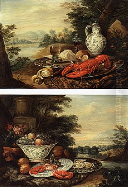 Still Life With Bread, Glasses, A  Wanli Kraak Porselein Pitcher, A Pewter Plate And Other Objects In A River Landscape Oil Painting by Jan van Kessel the Younger