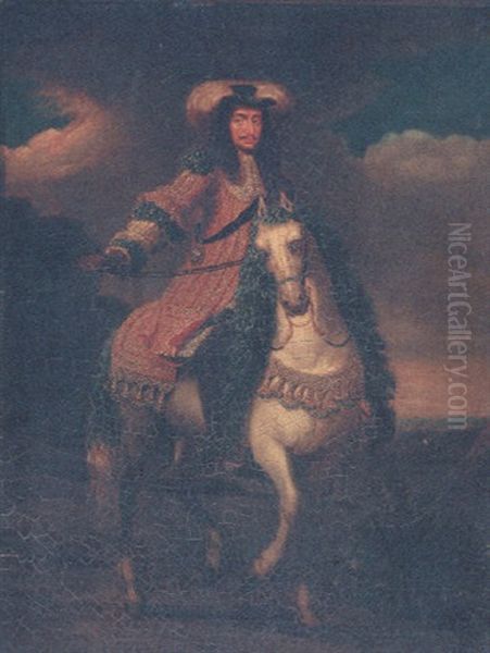 An Equestrian Portrait Of Charles Ii, Wearing The Lesser George, On A Grey Horse With Floral Mane And Tail Oil Painting by Jan van Kessel the Younger