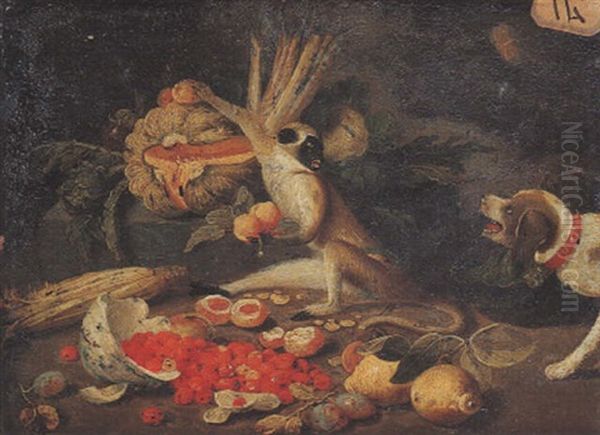 Nature Morte A La Coupe De Fraises; Citron, Melon, Petit Singe Et Chien Oil Painting by Jan van Kessel the Younger