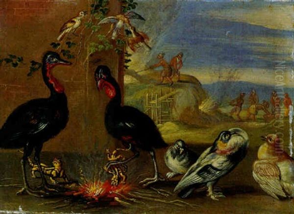 Ostrich Grilling Salamanders Above A Fire And Pigeons By A Stone Wall Oil Painting by Jan van Kessel the Younger