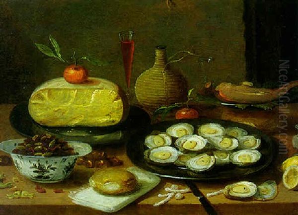 A Still Life Of Oysters On A Pewter Plate, Cheese, Nuts, A Flask Of Wine And Other Objects On A Table Oil Painting by Jan van Kessel the Younger