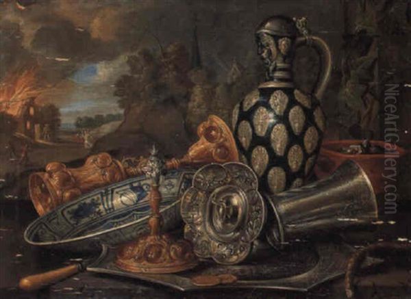 An Allegory Of Fire: A Jug And Other Objects Before A Burning House Oil Painting by Jan van Kessel the Younger