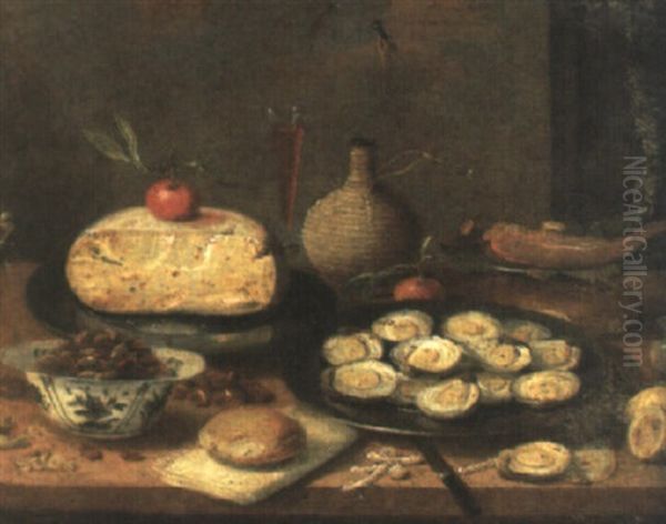 Still Life Of Nuts In A Bowl, Cheese, Oysters And A Flagon, All On A Table Oil Painting by Jan van Kessel the Younger