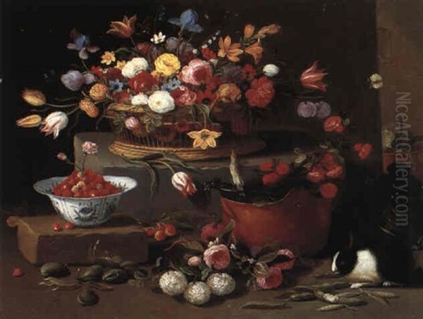 Still Life With Flowers In A Basket, Bowls And A Rabbit by Jan van Kessel the Younger