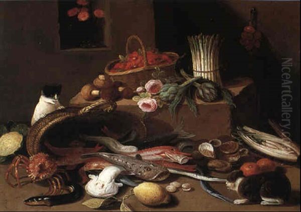 Still Life Of Fish, Vegetables, Strawberries And A Cat On A Ledge Oil Painting by Jan van Kessel the Younger