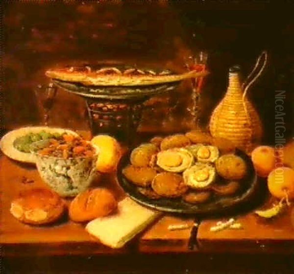 Still Lifes Of Oysters, Nuts, Bread And Fruit With A Wine   Flagon And Fish On A Brazier Arranged On A Stone Ledge... Oil Painting by Jan van Kessel the Younger