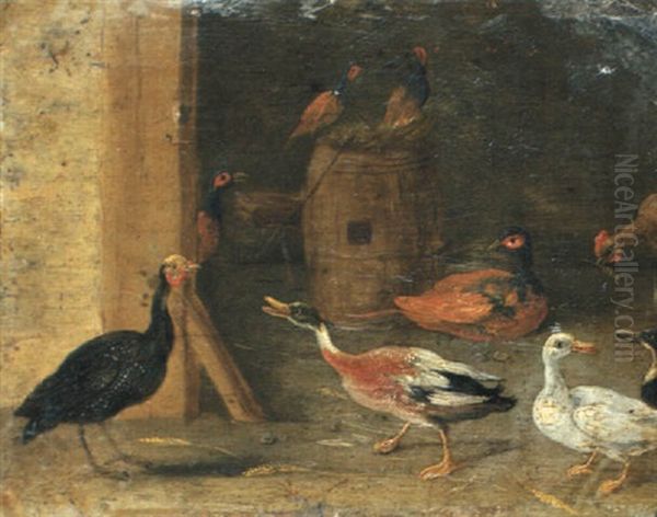 A Turkey, Ducks And Pheasants In A Barn Oil Painting by Jan van Kessel the Younger