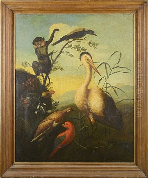 A Monkey With A Heron And Other Birds In A Landscape Oil Painting by Ferdinand van Kessel