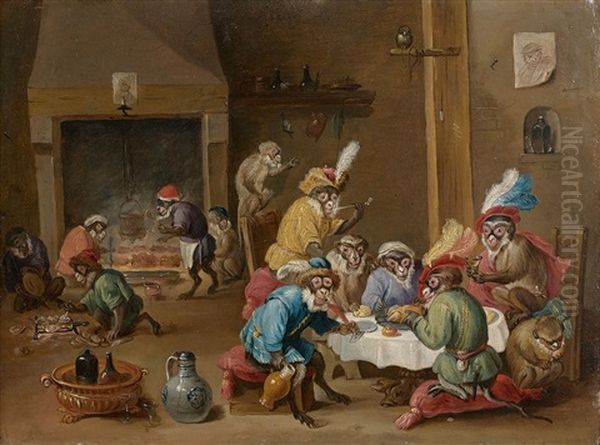 Singerie Oil Painting by Ferdinand van Kessel