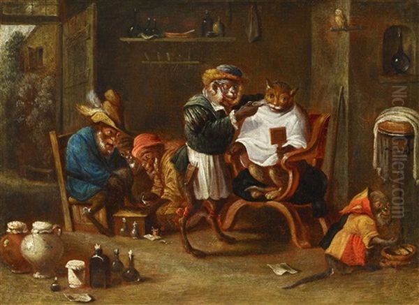 The Monkey Barber Oil Painting by Ferdinand van Kessel