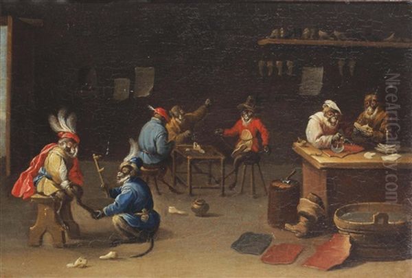 Monkeys In A Cobbler And A Shoe Shop Oil Painting by Ferdinand van Kessel