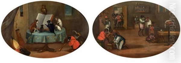 Les Singes Medecins Et Les Singes Musiciens (pair) Oil Painting by Ferdinand van Kessel