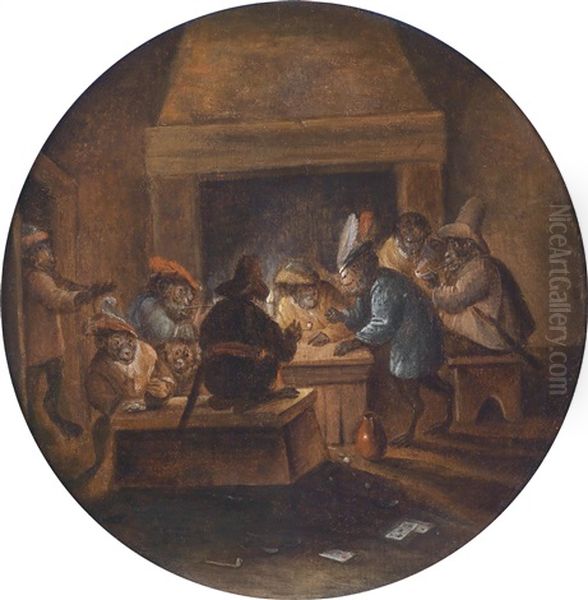 Kartenspielende Affen In Einer Wachstube Oil Painting by Ferdinand van Kessel