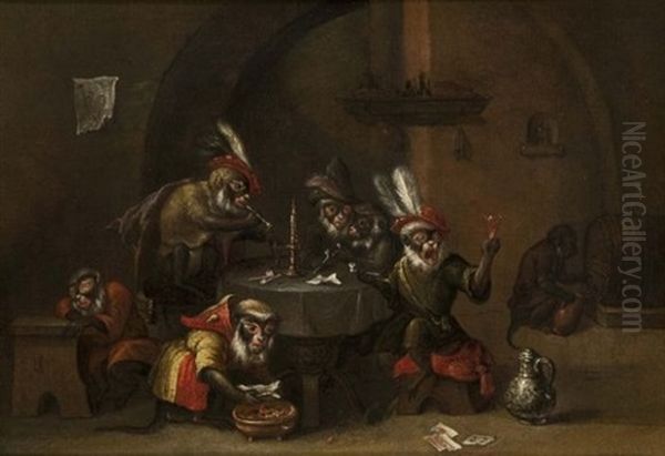 Reunion De Singes Dans Une Taverne Oil Painting by Ferdinand van Kessel