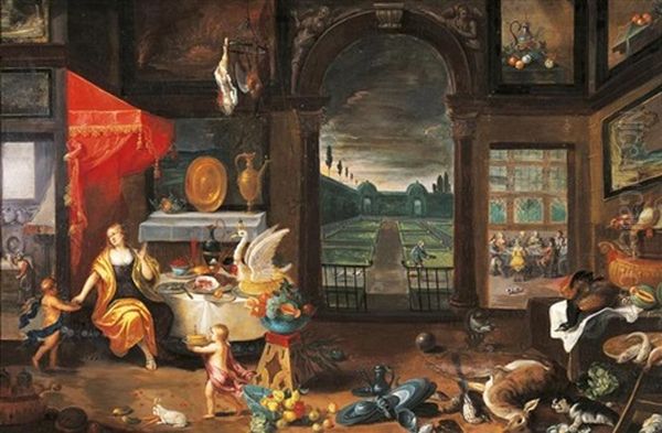 Allegorie Des Geschmackssinns (collab. W/peter Casteels Der Alter) Oil Painting by Ferdinand van Kessel