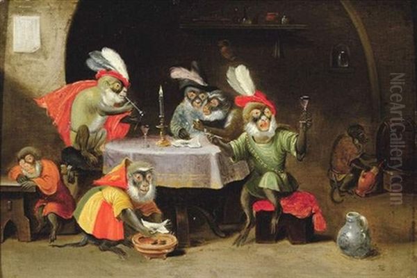 Singerie Oil Painting by Ferdinand van Kessel