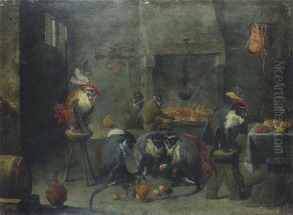 Les Singes A L'auberge Oil Painting by Ferdinand van Kessel