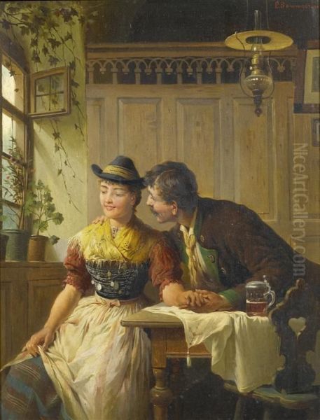 A Peasant Couple In An Interior Oil Painting by Peter Baumgartner