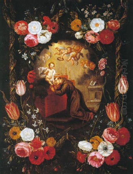 Guirnalda De Flores Enmarcando A San Antonio Oil Painting by Ferdinand van Kessel