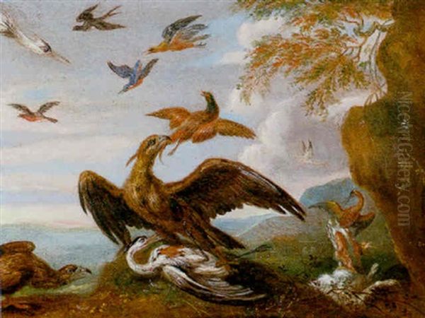 Eagles Attacking A Heron And Other Birds In A Landscape Oil Painting by Ferdinand van Kessel