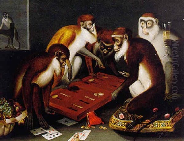 Monkeys Playing Backgammon Oil Painting by Ferdinand van Kessel